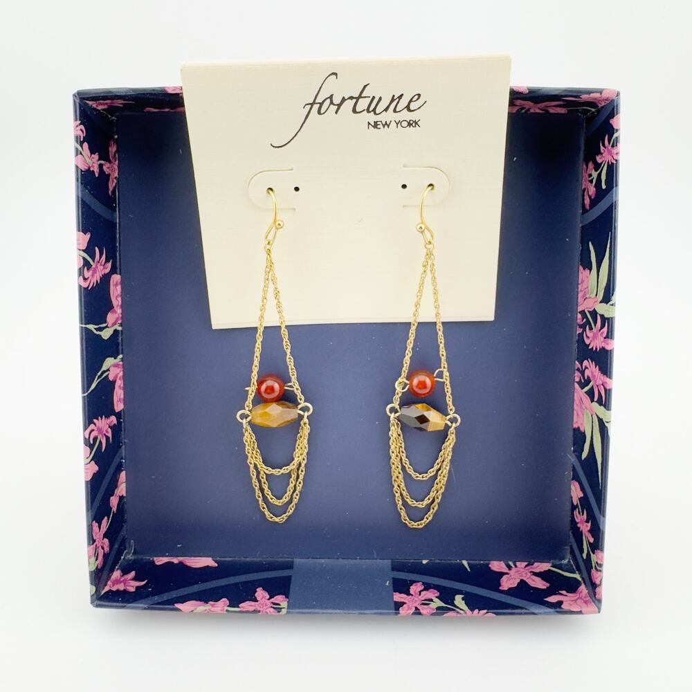 Fortune New York Chain Drop Earrings Gold Tone with Red‎ and Amber Beads